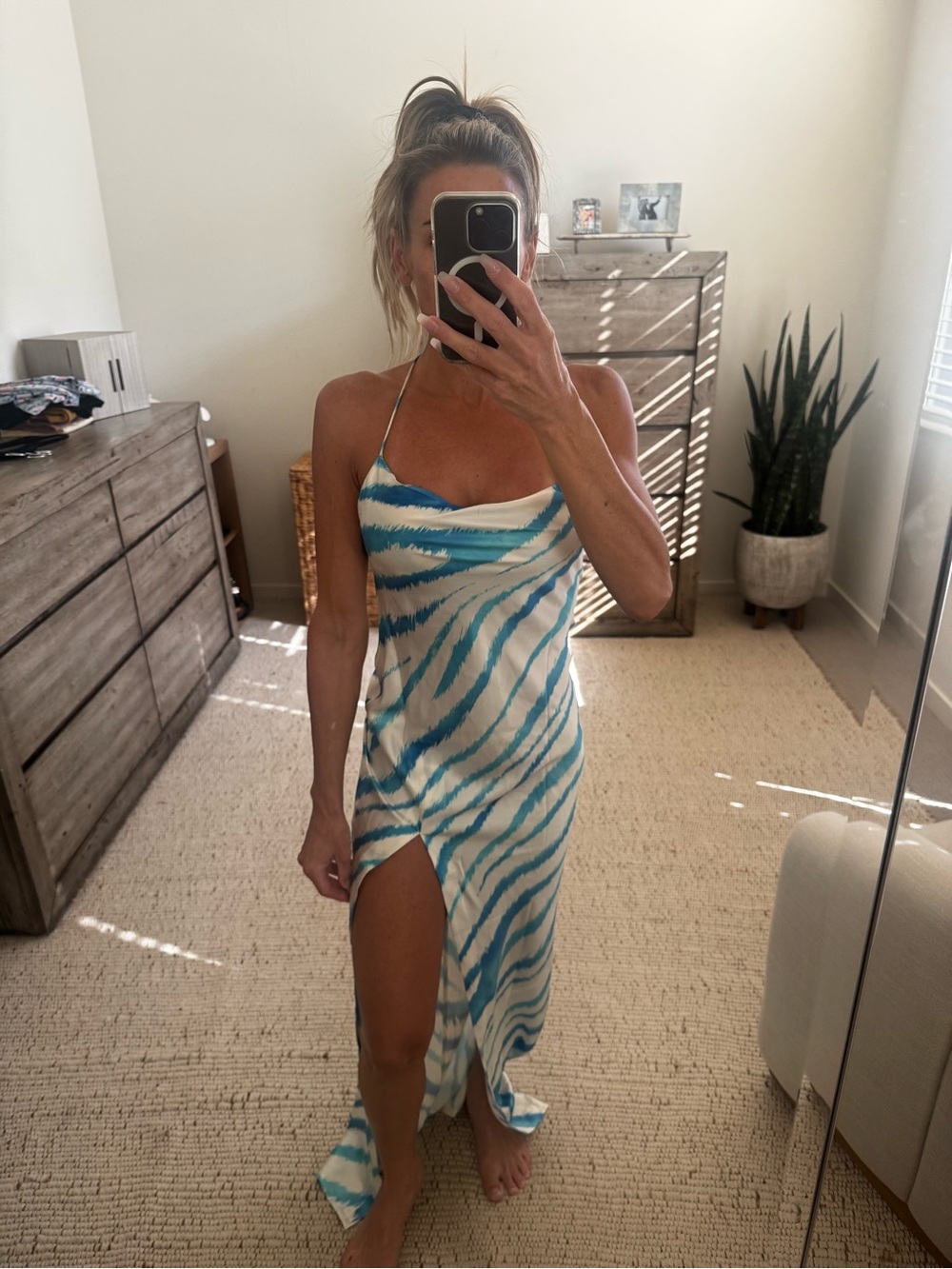 Retrofete Blue & White Tie-Dye Silk Slip Dress with High Slit